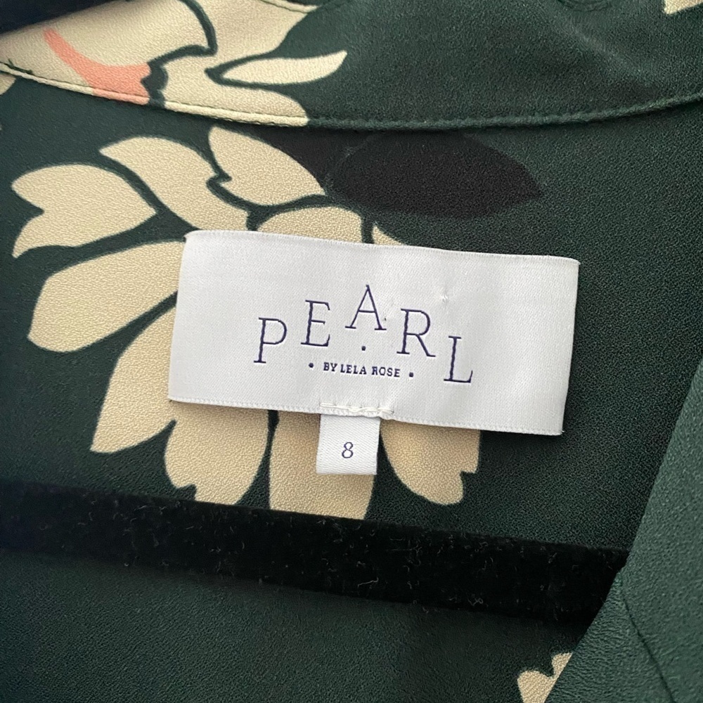 Pearl by Lela Rose- GREEN and Peach Floral Longsleeve Belted Jumpsuit - Picture 5 of 6